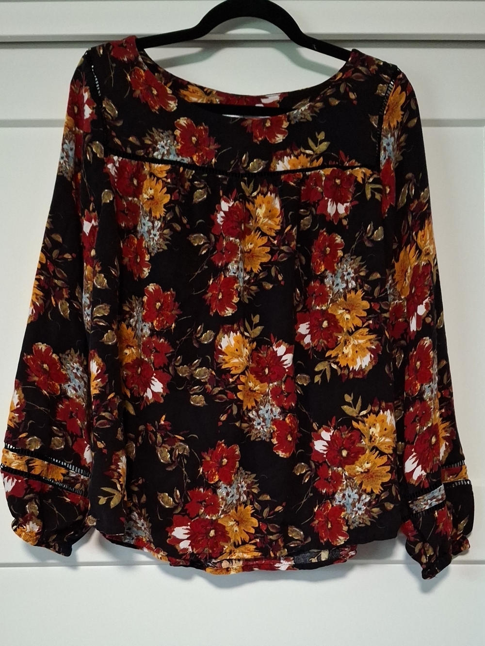 Time and Tru Black Floral Long-Sleeve Blouse with Red & Mustard Flowers